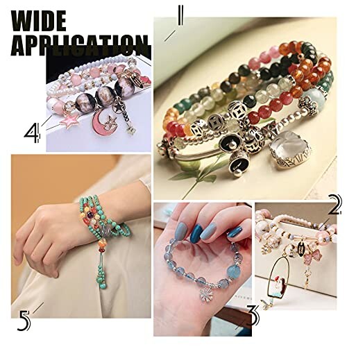 Various colorful beaded bracelets with charms and creative applications.