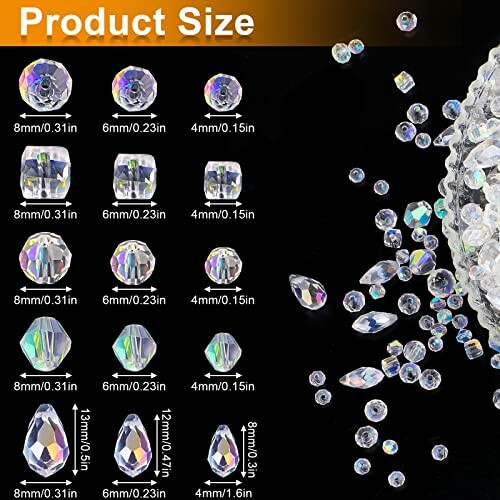 Various sizes of crystal beads displayed with dimensions.