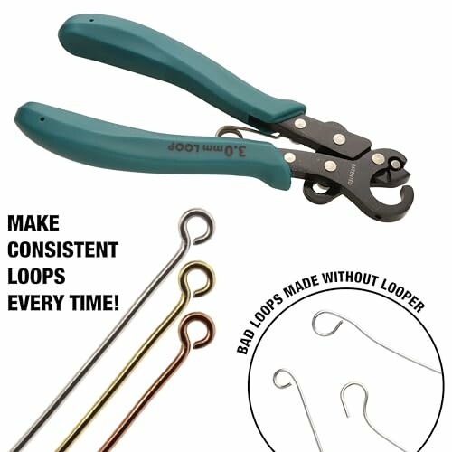 Jewelry wire looping pliers and examples of consistent loops.