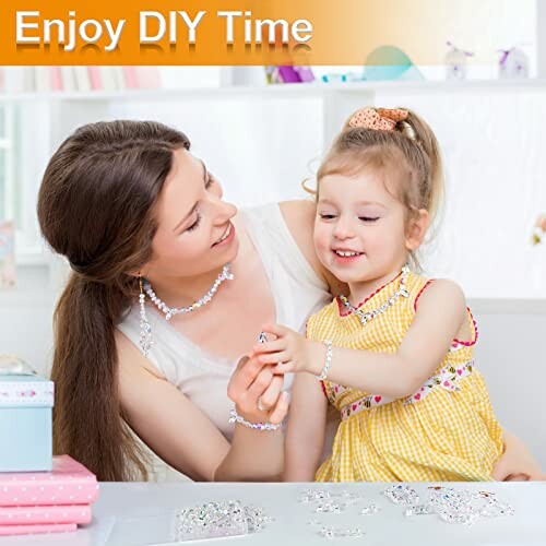 Mother and daughter enjoying DIY jewelry making together.