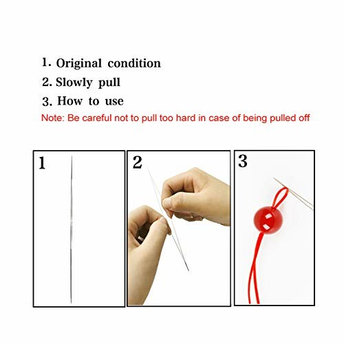 Step-by-step needle threading instructions with caution note.